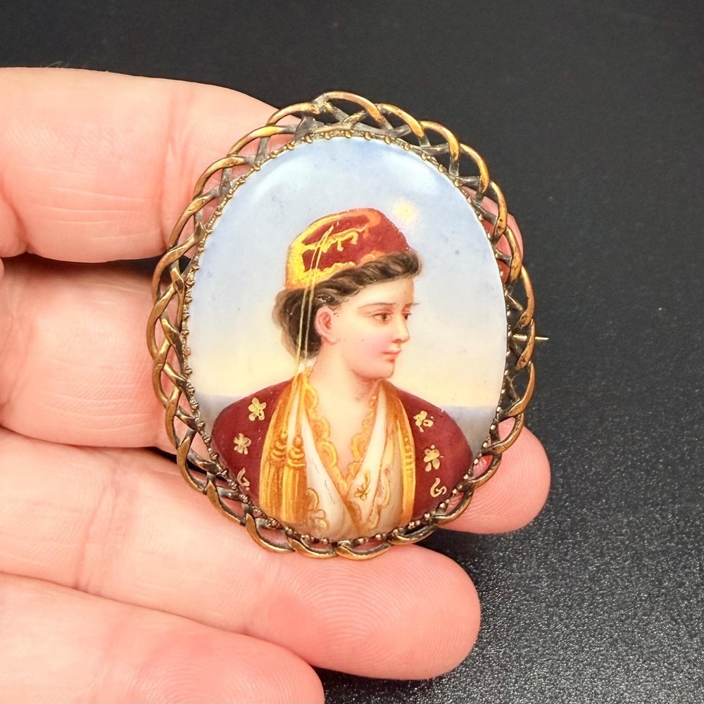 Antique Hand Painted Porcelain Portrait Brooch Woman Greek Ottoman Costume - Picture 3 of 11